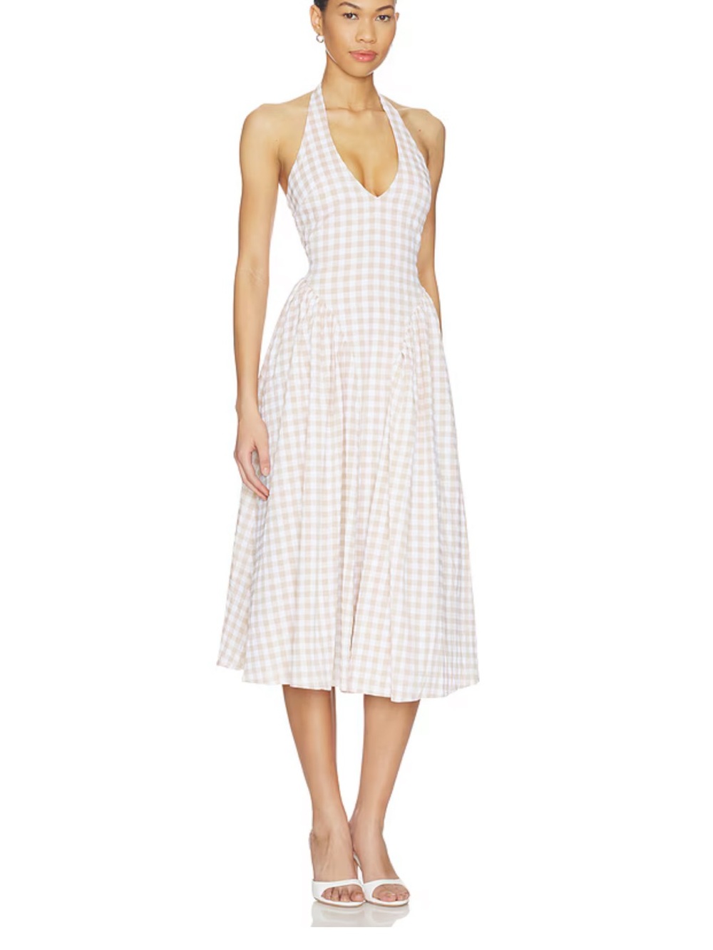 Lottie Halter Maxi Dress in Nude Gingham
